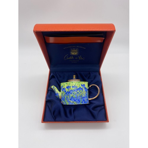 395 - TWO CASED CHARLOTTE DI VITA MINIATURE ENAMEL TEAPOTS VAN GOGH/TOULOUSE LE TREC