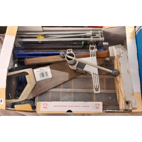 352 - TWO SPIRIT LEVELS, TILE CUTTER, PARALLEL PIN PUNCH SET AND A COMPARTMENTED BOX OF IRONMONGERY AND A ... 