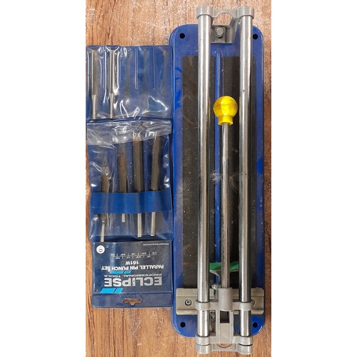 352 - TWO SPIRIT LEVELS, TILE CUTTER, PARALLEL PIN PUNCH SET AND A COMPARTMENTED BOX OF IRONMONGERY AND A ... 