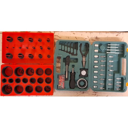 359 - CASED DRIVER BIT AND MINI TOOL SET, HILKA O RING SET, TITAN ELECTRIC DRILL BIT SHARPNER, AND SELECTI... 