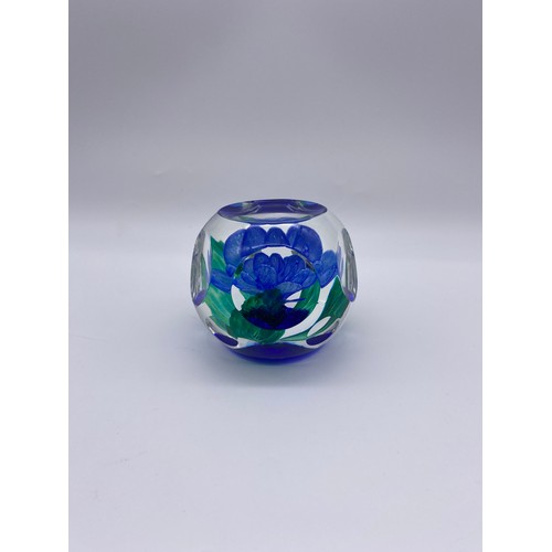 424 - SELKIRK GLASS LIMITED EDITION 49/95 FACETED BLUE ROSE PAPERWEIGHT