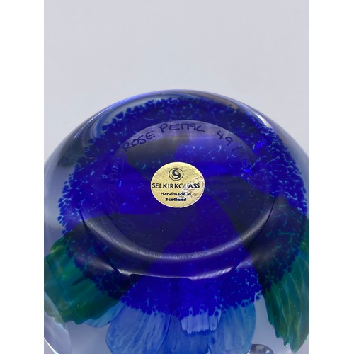 424 - SELKIRK GLASS LIMITED EDITION 49/95 FACETED BLUE ROSE PAPERWEIGHT