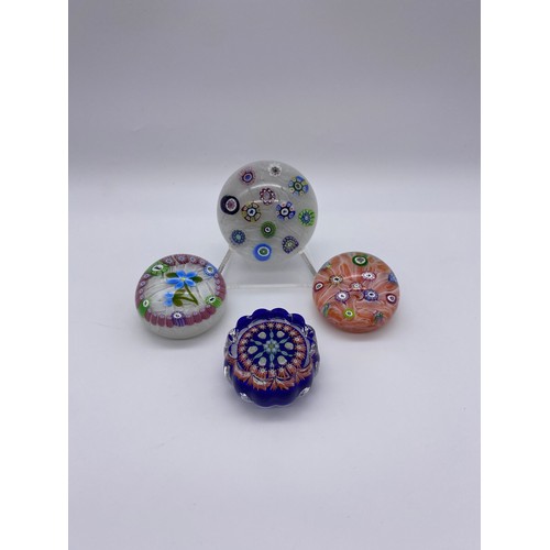 420 - FOUR PERTHSHIRE GLASS PAPERWEIGHTS INCLUDING END OF DAY MINIATURE AND TWO SCRAMBLED CANE EXAMPLES