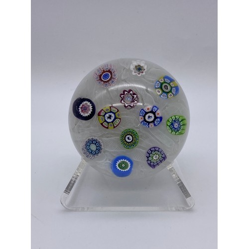 420 - FOUR PERTHSHIRE GLASS PAPERWEIGHTS INCLUDING END OF DAY MINIATURE AND TWO SCRAMBLED CANE EXAMPLES