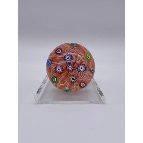 420 - FOUR PERTHSHIRE GLASS PAPERWEIGHTS INCLUDING END OF DAY MINIATURE AND TWO SCRAMBLED CANE EXAMPLES