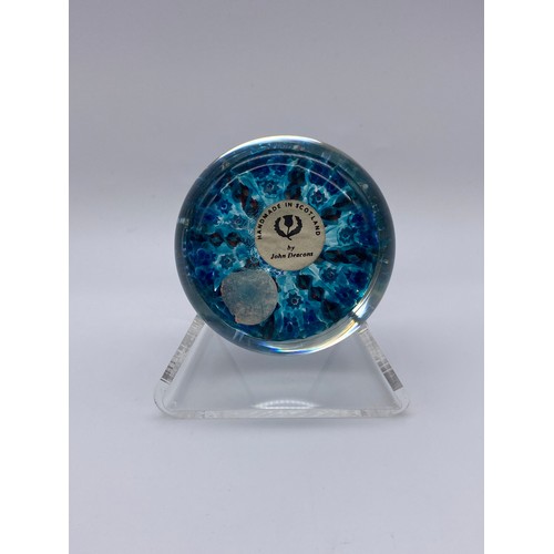 425 - JOHN DEACONS 2002 BLUE FISH LATTICINIO AND A TURQUOISE FLUSH CART WHEEL PAPERWEIGHT