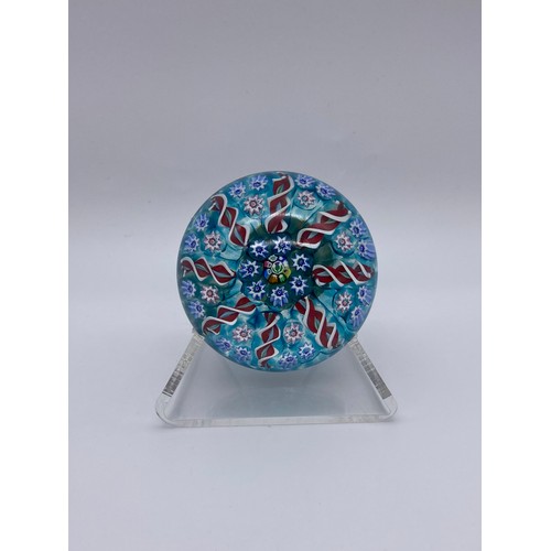 425 - JOHN DEACONS 2002 BLUE FISH LATTICINIO AND A TURQUOISE FLUSH CART WHEEL PAPERWEIGHT