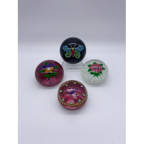 429 - FOUR JOHN DEACONS GLASS PAPERWEIGHTS INCLUDING PANSY, BUTTERFLY, DRAGONFLY AND ROSE