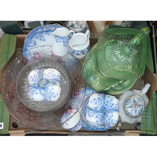 239 - TWO CARTONS - VICTORIAN TEA SET, POTTERY WASH JUGS, MEAT PLATTER, CANDLE STICKS