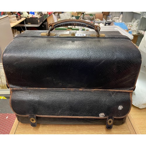 249 - BLUE LINED MOROCCAN LEATHER GLADSTONE BAG WITH TRAVELLING INKWELL AND AIDE MEMOIRE