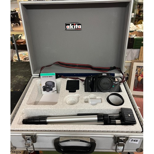 245 - PHOTOGRAPHY HARD CASE CONTAINING A AKITA CAMERA AND TRIPOD ACCESSORIES