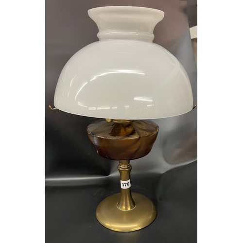 379 - METAL WARE OIL LAMP WITH OPAQUE SHADE