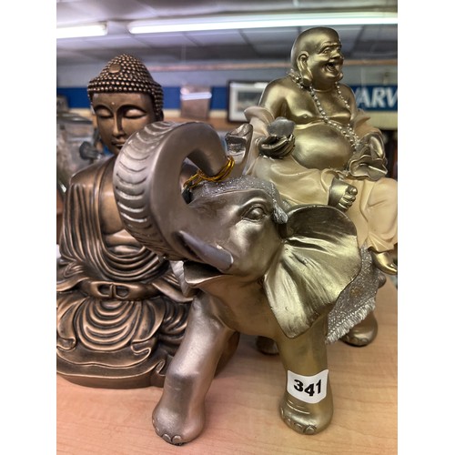 341 - RESIN PATINATED KISSING COUPLE TABLE LAMP, SEATED BUDDA, AND ELEPHANT AND BUDDA FIGURE