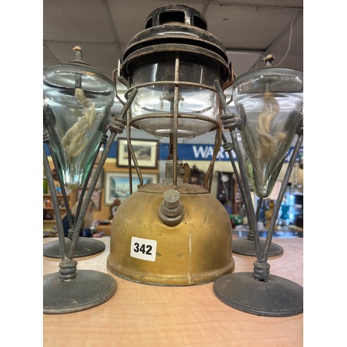 342 - TILLEY LAMP AND FOUR GLASS OIL LANTERNS AND HOLDERS