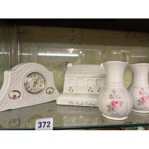 372 - DONEGAL PARIAN CHINA MANTLE TIME PIECE, DONEGAL OLD IRISH COTTAGE, PAIR PARIAN OF ROSE VASES