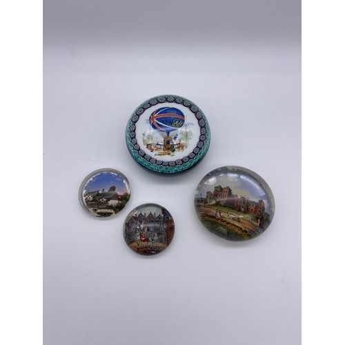 401 - MURANO BALLOONIST LUNARDIS 1785 FLIGHT PAPERWEIGHT, THREE VICTORIAN SOUVENIR PICTURE PAPERWEIGHTS IN... 