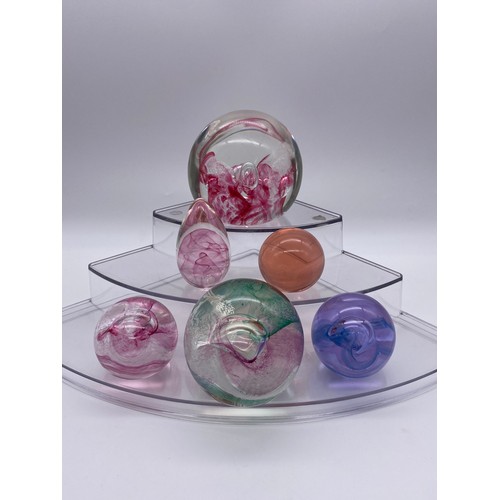 405 - SIX GLASS PAPERWEIGHTS INCLUDING CAITHNESS MOON CRYSTAL AND ISLE OF WIGHT EXAMPLE