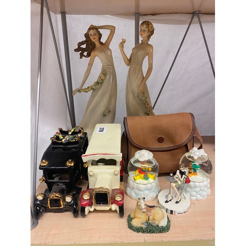 376 - LEONARDO COLLECTION FIGURES OF FLORAL MAIDENS, BOX CAMERA, TWO POTTERY VINTAGE DELIVERY TRUCKS, AND ... 