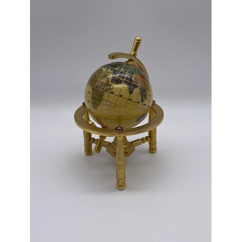 392 - TWO MINIATURE DESK TOP SEMI PRECIOUS STONE SET TERRESTRIAL GLOBES