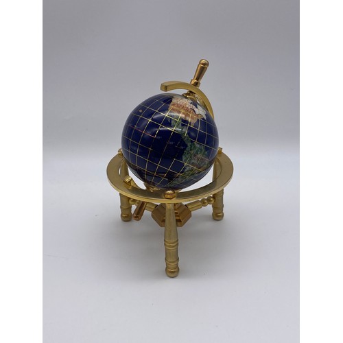 392 - TWO MINIATURE DESK TOP SEMI PRECIOUS STONE SET TERRESTRIAL GLOBES