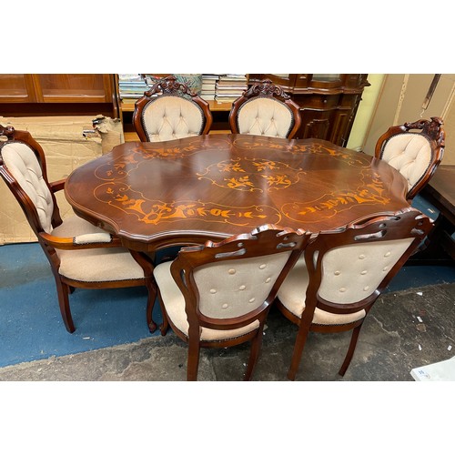 33 - ITALIAN SERPENTINE WALNUT MARQUETRY PEDESTAL DINING TABLE AND UPHOLSTERED DINING CHAIRS