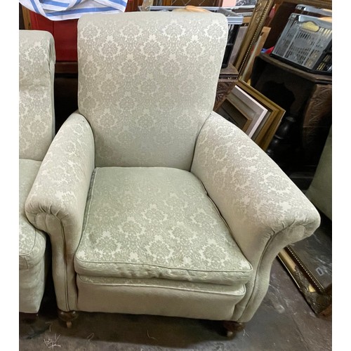 153 - MINT GREEN BROCADE UPHOLSTERED EDWARDIAN CLUB ARMCHAIR