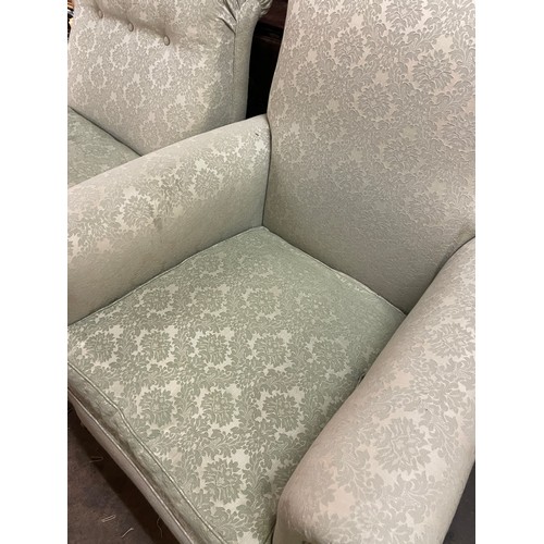 153 - MINT GREEN BROCADE UPHOLSTERED EDWARDIAN CLUB ARMCHAIR