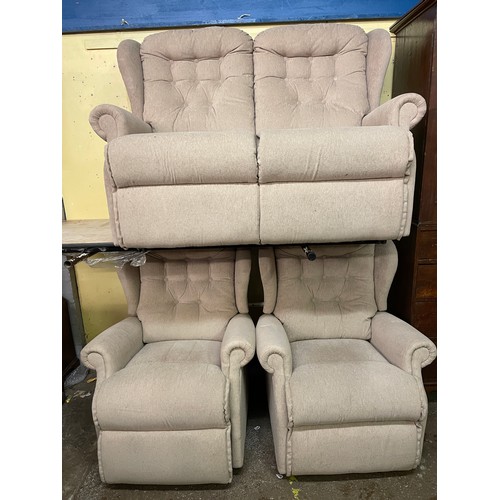 146 - BEIGE BUTTONED FABRIC TWO SEATER THREE PIECE SUITE