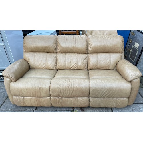 132 - MUSTARD TAN THREE SEATER LEATHER SOFA AND ELECTRIC RECLINING TWO SEATER SOFA