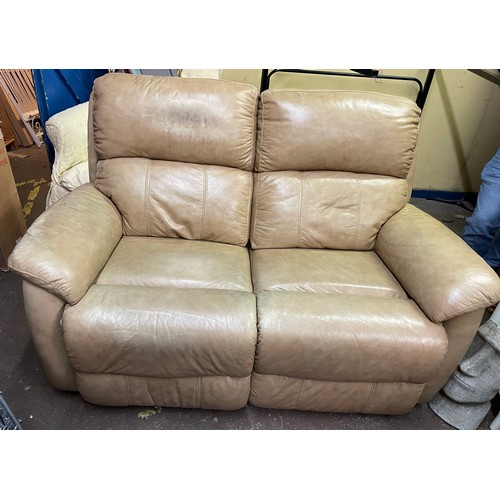 132 - MUSTARD TAN THREE SEATER LEATHER SOFA AND ELECTRIC RECLINING TWO SEATER SOFA