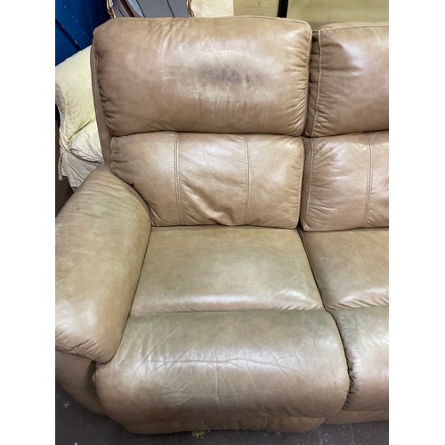 132 - MUSTARD TAN THREE SEATER LEATHER SOFA AND ELECTRIC RECLINING TWO SEATER SOFA