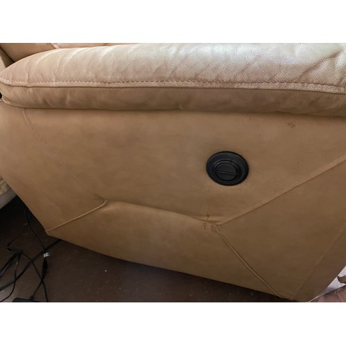 132 - MUSTARD TAN THREE SEATER LEATHER SOFA AND ELECTRIC RECLINING TWO SEATER SOFA