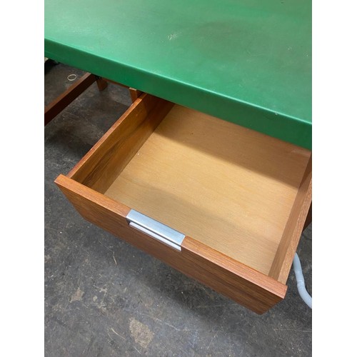 20 - 1970S TEAK SINGLE PEDESTAL DESK WITH GREEN REXINE COVER