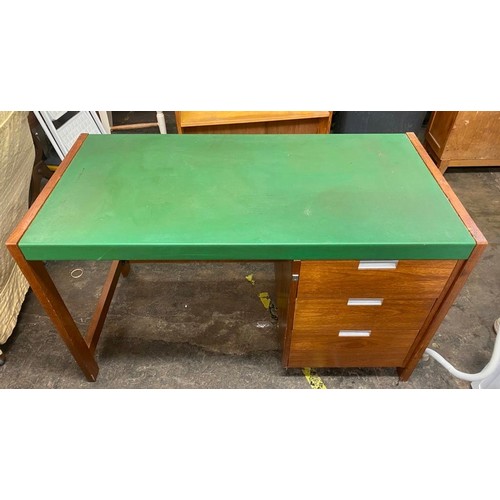 20 - 1970S TEAK SINGLE PEDESTAL DESK WITH GREEN REXINE COVER