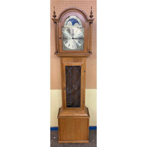 173 - 20TH CENTURY REPRODUCTION OAK CASED MOON ROLLER LONG CASE CLOCK