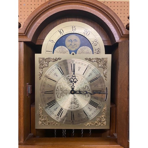 173 - 20TH CENTURY REPRODUCTION OAK CASED MOON ROLLER LONG CASE CLOCK