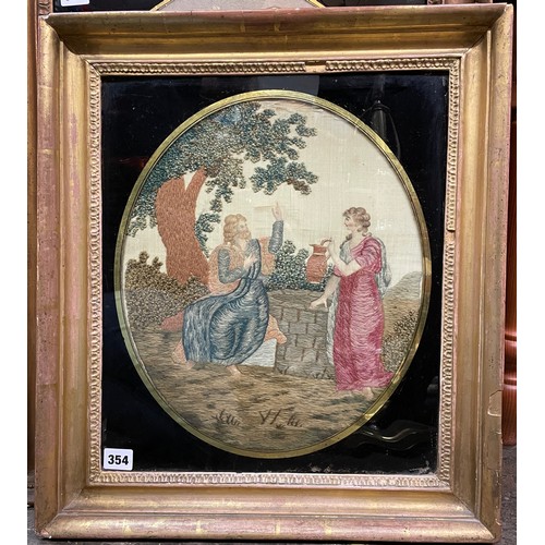 354 - EARLY 19TH CENTURY NEEDLE POINT OVAL PANEL CHRIST REAPPEARING TO MARY IN THE GARDEN 38CM X 33CM