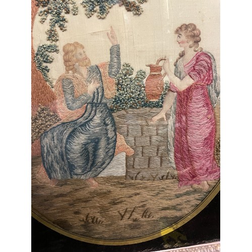 354 - EARLY 19TH CENTURY NEEDLE POINT OVAL PANEL CHRIST REAPPEARING TO MARY IN THE GARDEN 38CM X 33CM