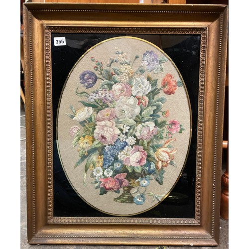 355 - FINE 18TH CENTURY STILL LIFE OVAL PANEL  EMBROIDERY OF FLOWERS BY V.L. FAWKES 52CM X 41CM