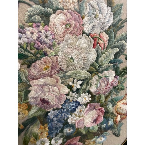 355 - FINE 18TH CENTURY STILL LIFE OVAL PANEL  EMBROIDERY OF FLOWERS BY V.L. FAWKES 52CM X 41CM