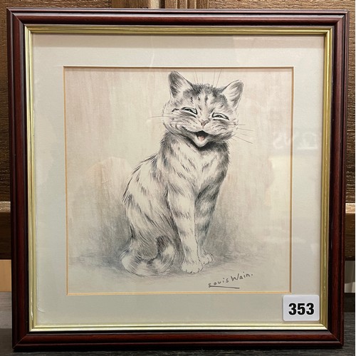 353 - LITHOGRAPHIC PRINT OF THE LAUGHING CAT AFTER LOUIS WAIN FRAMED AND GLAZED 19CM X 19CM