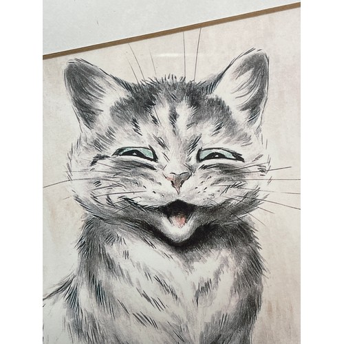 353 - LITHOGRAPHIC PRINT OF THE LAUGHING CAT AFTER LOUIS WAIN FRAMED AND GLAZED 19CM X 19CM