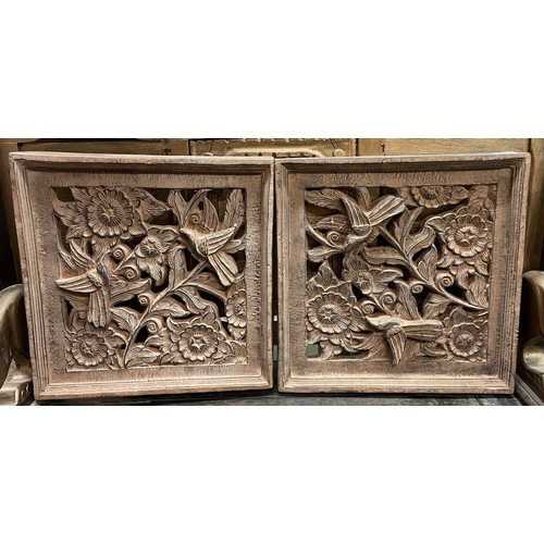 401 - PAIR OF RESIN BAS RELIEF BIRD AND FLORAL CARVED PANELS 37CM X 37CM