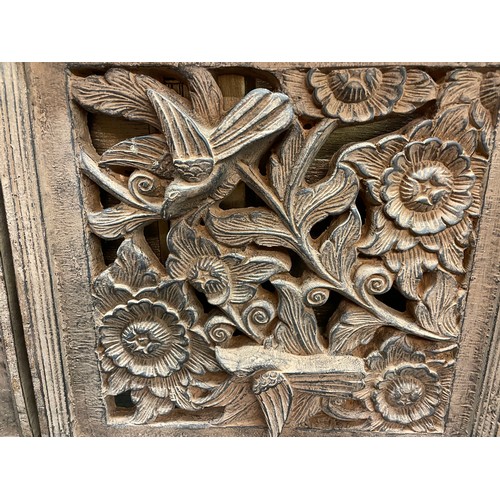 401 - PAIR OF RESIN BAS RELIEF BIRD AND FLORAL CARVED PANELS 37CM X 37CM