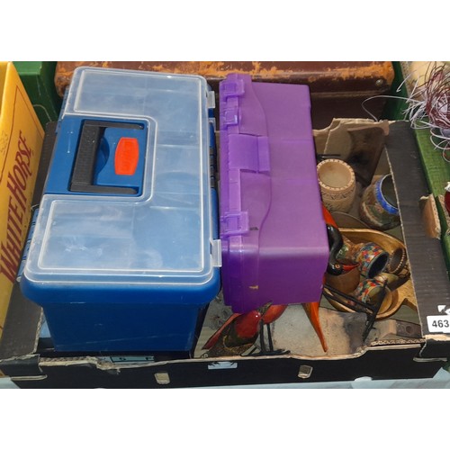 463 - TWO PLASTIC SMALL TOOL BOXES, PRINTS, WOODEN PAINTED BIRD FIGURES, NAPKIN RINGS, AND SOME TOYS