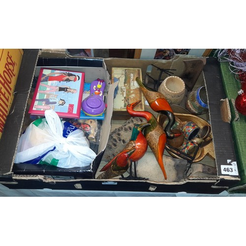 463 - TWO PLASTIC SMALL TOOL BOXES, PRINTS, WOODEN PAINTED BIRD FIGURES, NAPKIN RINGS, AND SOME TOYS