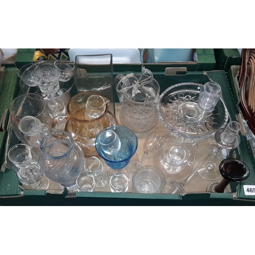 465 - CARTON CONTAINING CUT GLASS WATER JUGS, VASES, ETCHED GLASSWARES, CANDLE HOLDERS