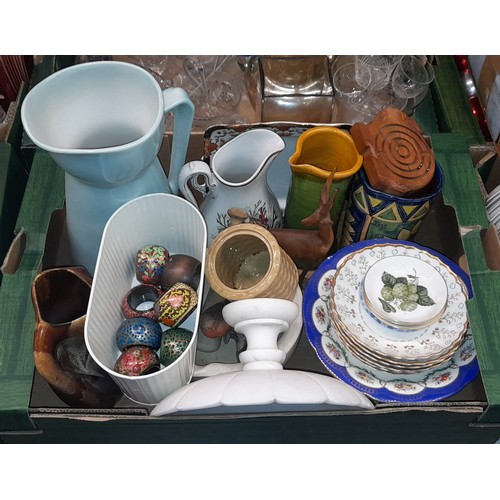 472 - TWO CARTONS - POTTERY FLAN DISH, 19TH CENTURY CERAMIC COMPORT, PAINTED NAPKIN RINGS, DUG OUT BOWL