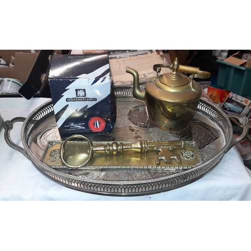 458 - EPNS OVAL GALLERY TRAY, OVERSIZED KEY, SMALL KETTLE, AND PEWTER TANKARD