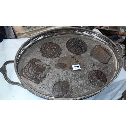 458 - EPNS OVAL GALLERY TRAY, OVERSIZED KEY, SMALL KETTLE, AND PEWTER TANKARD